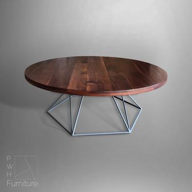 Coffee Table, Round Modern Coffee Table, Solid Walnut Top, with Hexagon Welded Steel Base 