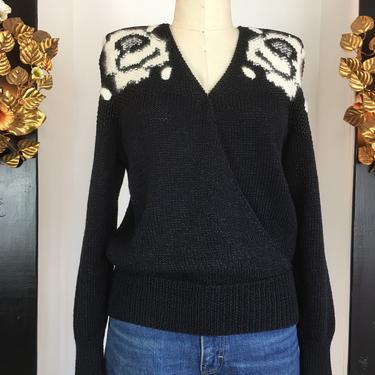 1980s wrap sweater, 1940s style sweater, black knit top, suzelle sweater, size large, vintage 80s sweater, 80s does the 40s. Angora, 38 bust 