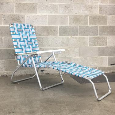 Vintage Chaise Lounge Retro 1980s Aluminum Lawn Chair + Blue and White + Vinyl Webbing + Outdoor Living + Patio or Beach Furniture 