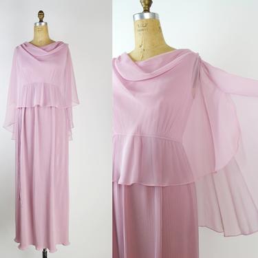 70s Mauve Maxi Dress / Angel Sleeves Dress / Vintage Cape Dress / Chiffon Cape / Size S/M 