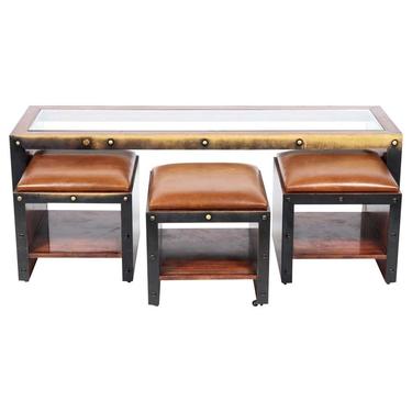 Timothy Oulton Modern Industrial Table and Ottoman Stools Set
