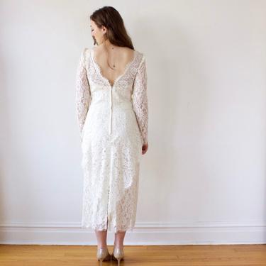 Vintage Tea Length Lace Wedding Dress - Ivory Off-White Long Sleeve 1980s Wedding Dress - M Tall 29&quot; waist 
