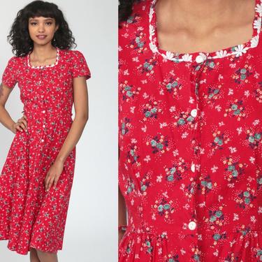 Red Floral Dress Midi Grunge Button Up Boho Summer 90s Bohemian Fitted High Waist 1990s Short Sleeve Vintage Garden Party Extra Small xs 