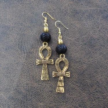 Ankh earrings etched gold, Egyptian African earrings, bold statement earrings, ethnic tribal earrings, fertility symbol, Afrocentric wood 