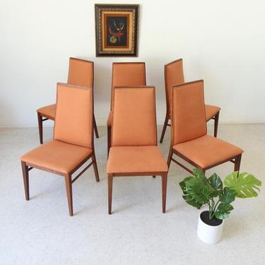 Vintage Walnut High-Back Orange Mid Century Dining Chairs