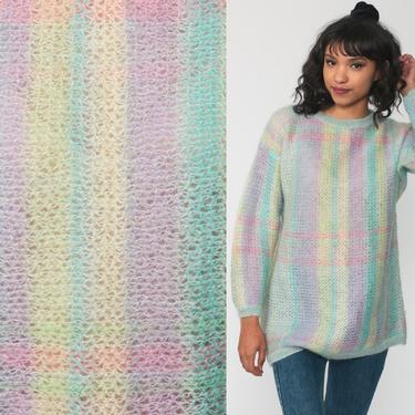 Pastel Mohair Sweater Sheer Slouchy 80s Striped Sweater Turquoise Purple Open Weave Boho Pullover Pastel Knit Oversized 70s Vintage Medium by ShopExile