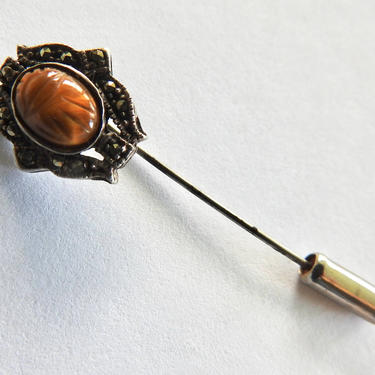 Vintage Tiger Eye Scarab Silver Marcasite Stick or Ascot Pin Egyptian Revival 
