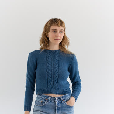 Vintage Blue Cableknit Crop Sweater | Fisherman Jumper | XS S | 