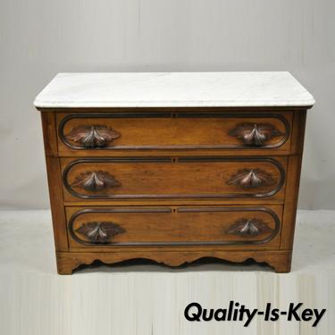 Antique Eastlake Victorian Marble Top Chestnut Dresser with Fruit Carved Pulls