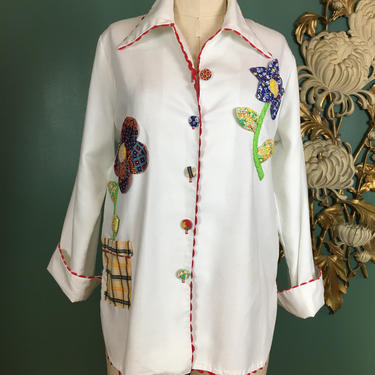 1970s blouse, hippie shirt, vintage 70s blouse, patchwork style, applique blouse, 3-d flower, medium, just joey, cottagecore, mod,  prairie 