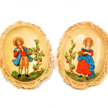 VINTAGE: 2 Resin Wall Plaques - Wall Decor - Woman and Man Figurines - Wall Hangings - SKU 24-A-00010488 