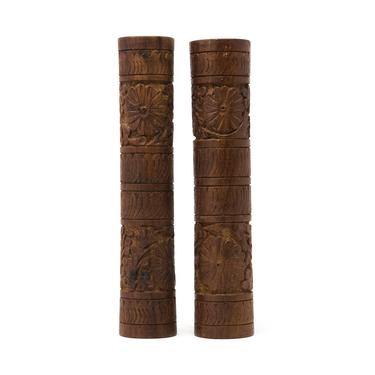 Pair of Hand Carved Wood Candle Holders, Set of Two Candlesticks 