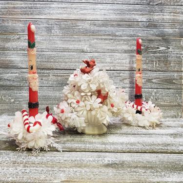 Vintage Holiday Faux Flowers &amp; Candlestick Holders, 1960s Candy Canes Wrapped Candy Red Partridge Table Centerpiece, Vintage Christmas 
