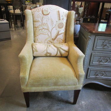 PAIR PRICED SEPARATELY WING CHAIRS WITH CREWEL WORK FABRIC