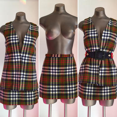 1960s plaid outfit, vintage 60s skirt set, size small, micro mini skirt, mod vest and skirt, 60s tunic vest 