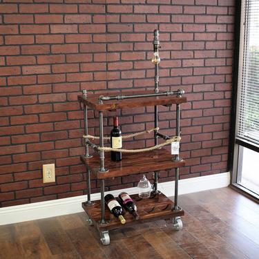 Rustic Bar Cart &amp; Light / lamp - Industrial Pipe Wood Bar / Unique Bars / whiskey / wine cart / rollaway / rustic furniture / kitchen Island 