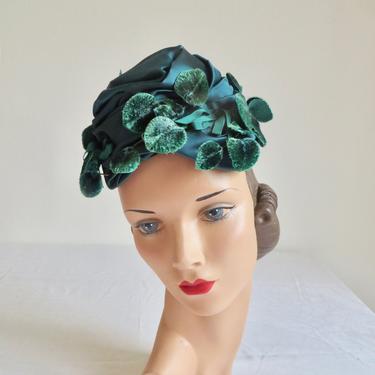 Vintage 1950's Teal Satin Ruched Mini Hat Fascinator with Felt Leaves and Bows Gene Wakefield 50's Millinery 