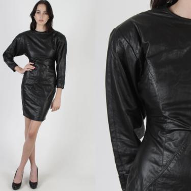 Black Leather Mini Dress / Vintage 80s LBD Motorcycle Dress / Skinny Biker Cocktail Party / Womens Glam Wiggle Short Dress 