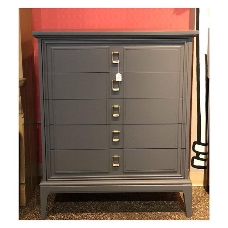 Petite gray painted Mid-Century Modern chest (5) drawers. 36 W x 18.5 D x 44 H 