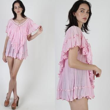 Pink Mexican Gauze Tunic / Kimono Sleeve Cotton Blouse / Lightweight Sheer See Through Top / Airy Crochet Trim Angel Beach Cover Up Top 