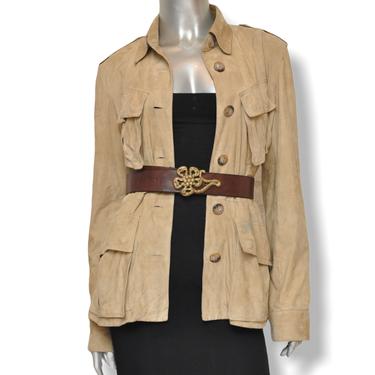 Vintage Ralph Lauren Beige Suede Leather Safari Jacket Shirt Khaki Military Cargo 