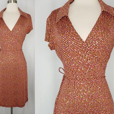 Vintage 2000 Y2K Rampage Short Sleeve Collared Wrap Mini Dress - 2000 Large Circle Print Stretchy Wrap Dress 
