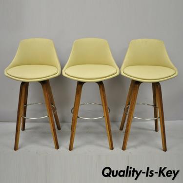3 Swivel Mid Century Modern Danish Style Bentwood Upholstered Bar Stools