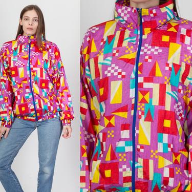 90s Geometric Streetwear Windbreaker - Large | Vintage Colorful Abstract Print Zip Up Track Jacket 