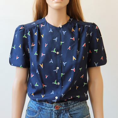 70s/80s lady arrow puff sleeve top / blue blouse/ size medium 
