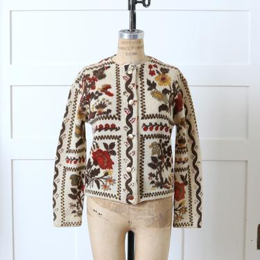 vintage early 1960s cardigan • novelty print wool sweater • ivory & earth tones floral pattern 
