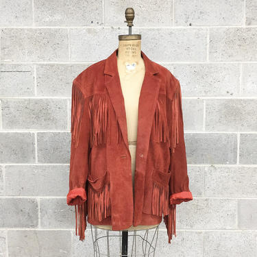 Vintage Fringe Suede Jacket Retro 1980s Springwest + Genuine Leather + Oversized + Red + Tassels + Western Wear + Cold Weather + Apparel 