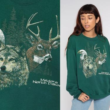 90s Wildlife Sweatshirt 80s Medora North Dakota Bald Eagle Wolf Elk Shirt Graphic Slouchy Forest Animal Vintage Green Extra Large xl 