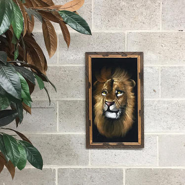 Vintage Velvet Painting 1970s Retro Size 23x14 Lion + King of the Jungle + Fabric Art + Carved Wood Frame + Bohemian Home and Wall Decor 