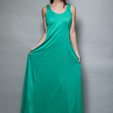 green maxi dress vintage 1970s long flare skirt sleeveless hostess tank L LARGE 