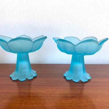 Blue Glass Candle Holders - Pair of Frosted Glass Tealight Holders - Frosty Flowers Mid Century Candleholders Set of 2 - Candle Votives 