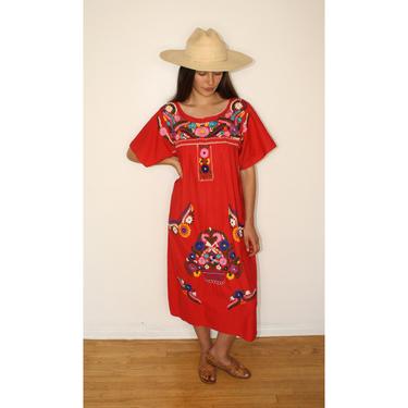 Sonora Dress // vintage 70s Mexican hand embroidered midi 1970s boho hippie cotton hippy red // O/S 