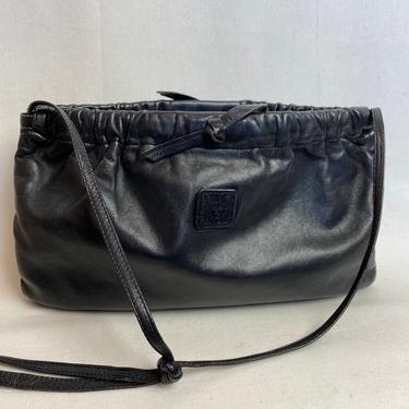 70’s- 80’s Black leather purse shoulder strap gathered opening soft shell Anne Klein disco glam evening clutch bag 