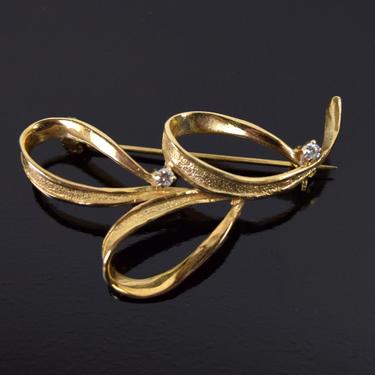 Vintage Mid-Century 14k Solid Gold Diamond Three Loop Ribbon Brooch 
