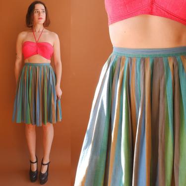 Vintage 50s Striped Pleated Cotton Skirt/ 1950s High Waisted Blue Green Brown Wide Stripes/ Size XS 24 