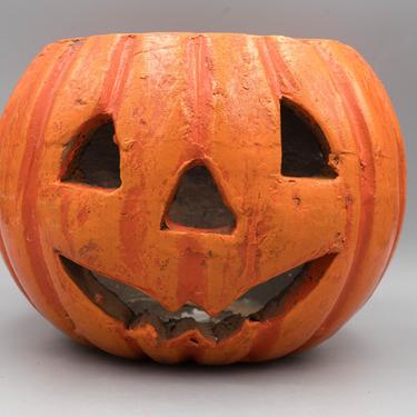 Painted Terra Cotta Jack O'Lantern | Vintage Ceramic Carved Pumpkin Halloween Decor 