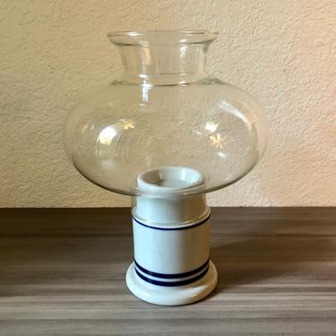 Vintage Dansk Ceramic Hurricane Lamp Candle Holder with Glass Globe, Blue and White, NR, Niels Refsgaard, Danish Modern Design 