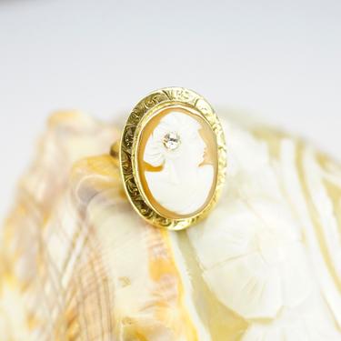 Vintage 14K Gold & Diamond Cameo Ring, Antique Cameo Ring With Ornate Gold Setting, Carved Shell Ring With Accent Diamond, Size 3 3/4 US 