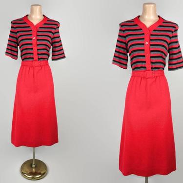 VINTAGE 60s Red and Grey Striped Knit Dress | 1960s Belted A-line Dress | MOD Secretary Scooter Dress | HH Petites 8P 