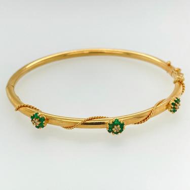 Vintage Dainty Emerald & 14k Yellow Gold Bangle Bracelet HInged Locking Clasp 
