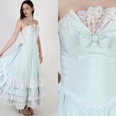 Womens Historical Period Dress / 80s Prairie Saloon Dress / Pale Blue Lace Bustle / 1980s Girls Prom Wedding Gown Maxi Dress 