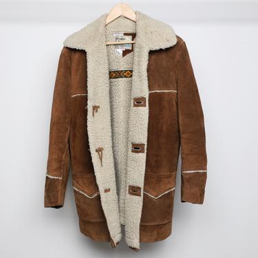 vintage brown SUEDE faux fur SHEARLING 1960s 70s men's vintage overcoat -- size 40 