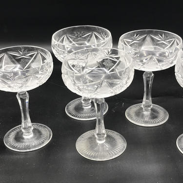 Vintage set of (5)  Coupe Champagne  Glass Goblets Czech Bohemian -Hand  Cut to Clear 4 ounce Balloon shaped 