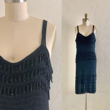 vintage 80's black knit beaded evening dress //  20's inspired dress 