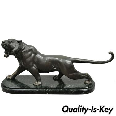 Bronze Female Roaring Lion Tiger Sculpture Statue on Marble Base Marked Barye