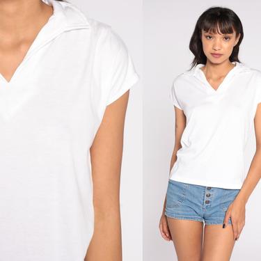 Plain White Top 80s TShirt Plain T Shirt Cap Sleeve Top Retro Tee Vintage Basic 1980s Blouse Women V Neck Short Sleeve Small S 